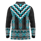 Turquoise Taniko Pattern Aotearoa Long Sleeve Polo Shirt Niho Taniwha Mix Poutama LT14
