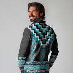 Turquoise Taniko Pattern Aotearoa Long Sleeve Polo Shirt Niho Taniwha Mix Poutama LT14