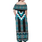 Turquoise Taniko Pattern Aotearoa Off Shoulder Maxi Dress Niho Taniwha Mix Poutama LT14