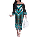 Turquoise Taniko Pattern Aotearoa Off The Shoulder Long Sleeve Dress Niho Taniwha Mix Poutama LT14