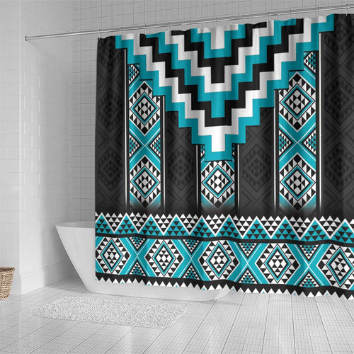 Turquoise Taniko Pattern Aotearoa Shower Curtain Niho Taniwha Mix Poutama