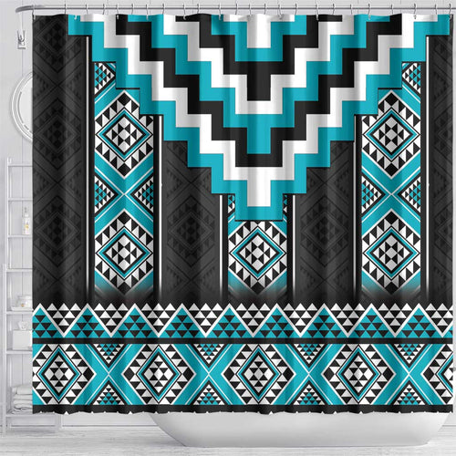 Turquoise Taniko Pattern Aotearoa Shower Curtain Niho Taniwha Mix Poutama