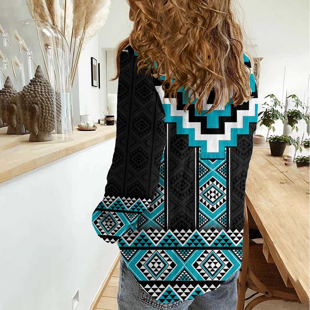Turquoise Taniko Pattern Aotearoa Women Casual Shirt Niho Taniwha Mix Poutama LT14