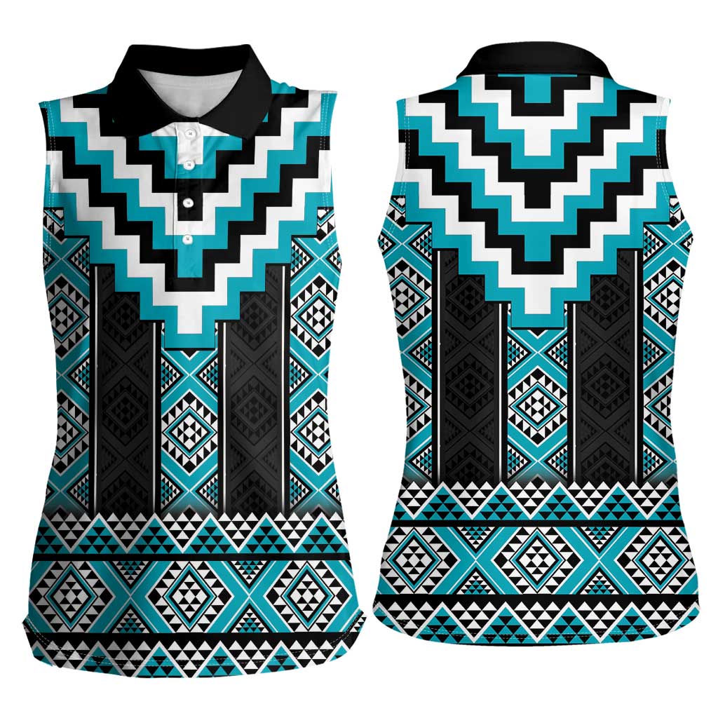 Turquoise Taniko Pattern Aotearoa Women Sleeveless Polo Shirt Niho Taniwha Mix Poutama LT14