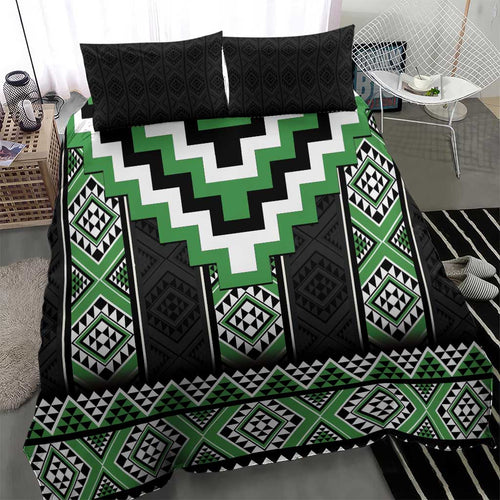 Green Taniko Pattern Aotearoa Bedding Set Niho Taniwha Mix Poutama
