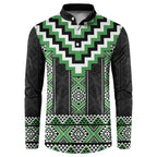 Green Taniko Pattern Aotearoa Button Sweatshirt Niho Taniwha Mix Poutama LT14
