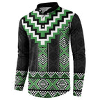 Green Taniko Pattern Aotearoa Button Sweatshirt Niho Taniwha Mix Poutama LT14