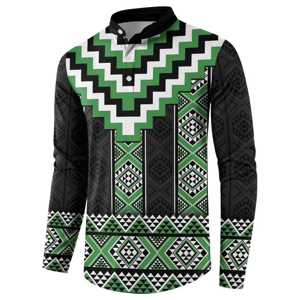 Green Taniko Pattern Aotearoa Button Sweatshirt Niho Taniwha Mix Poutama LT14