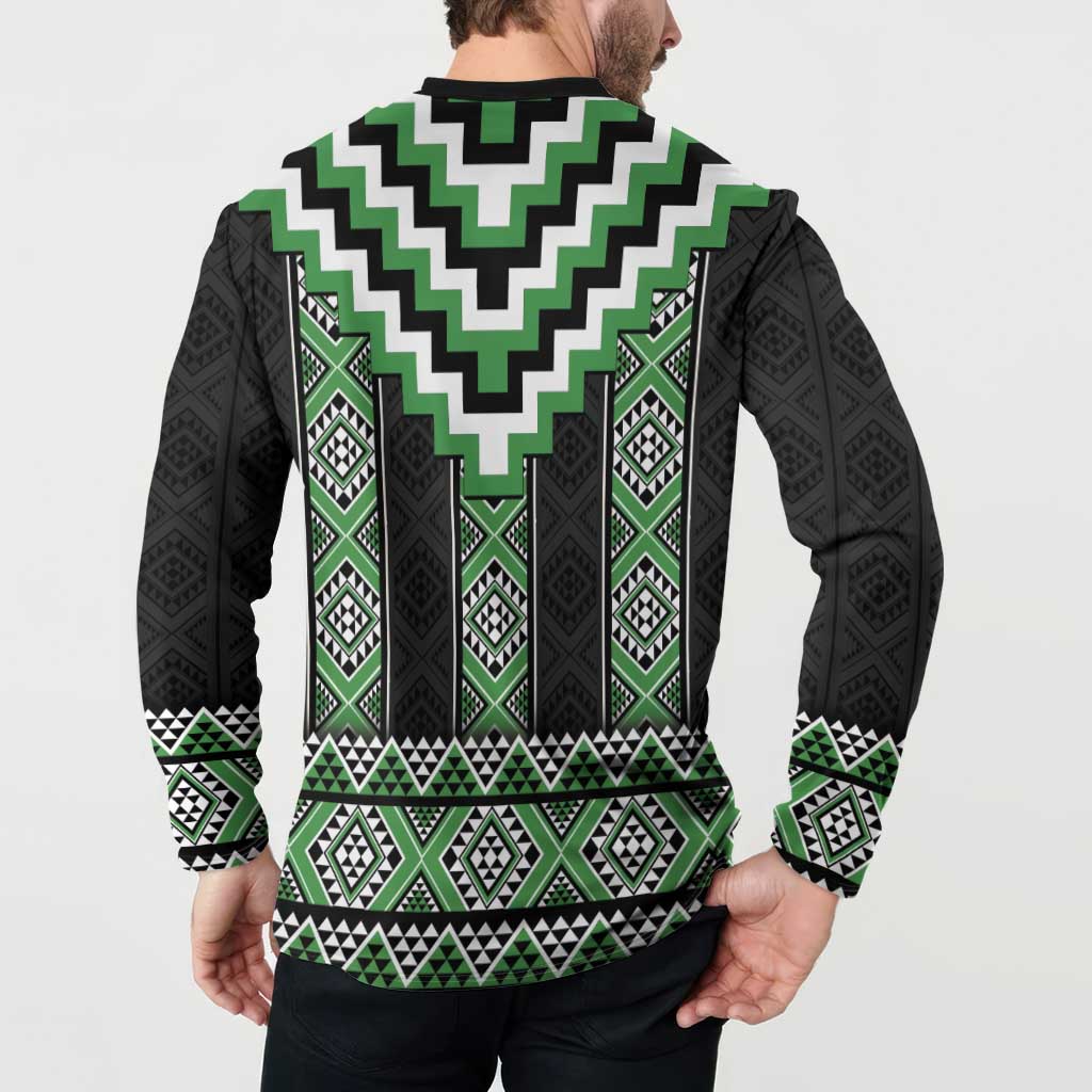 Green Taniko Pattern Aotearoa Button Sweatshirt Niho Taniwha Mix Poutama LT14