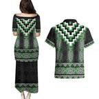 Green Taniko Pattern Aotearoa Couples Matching Puletasi and Hawaiian Shirt Niho Taniwha Mix Poutama LT14