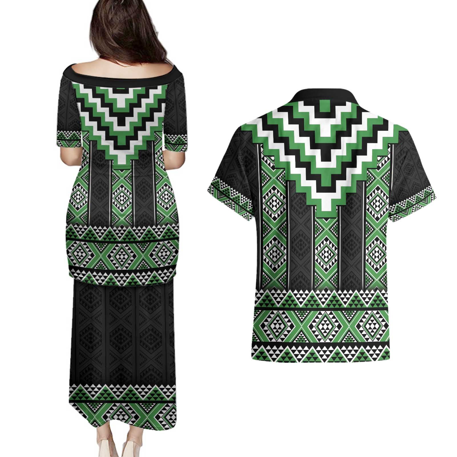 Green Taniko Pattern Aotearoa Couples Matching Puletasi and Hawaiian Shirt Niho Taniwha Mix Poutama LT14