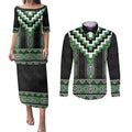 Green Taniko Pattern Aotearoa Couples Matching Puletasi and Long Sleeve Button Shirt Niho Taniwha Mix Poutama LT14