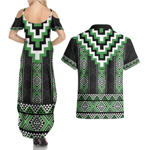 Green Taniko Pattern Aotearoa Couples Matching Summer Maxi Dress and Hawaiian Shirt Niho Taniwha Mix Poutama LT14