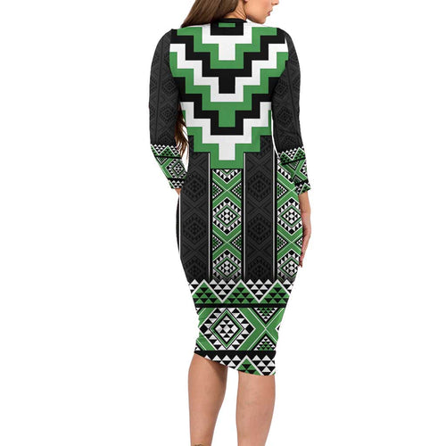 Green Taniko Pattern Aotearoa Family Matching Long Sleeve Bodycon Dress and Hawaiian Shirt Niho Taniwha Mix Poutama LT14