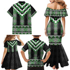 Green Taniko Pattern Aotearoa Family Matching Mermaid Dress and Hawaiian Shirt Niho Taniwha Mix Poutama LT14
