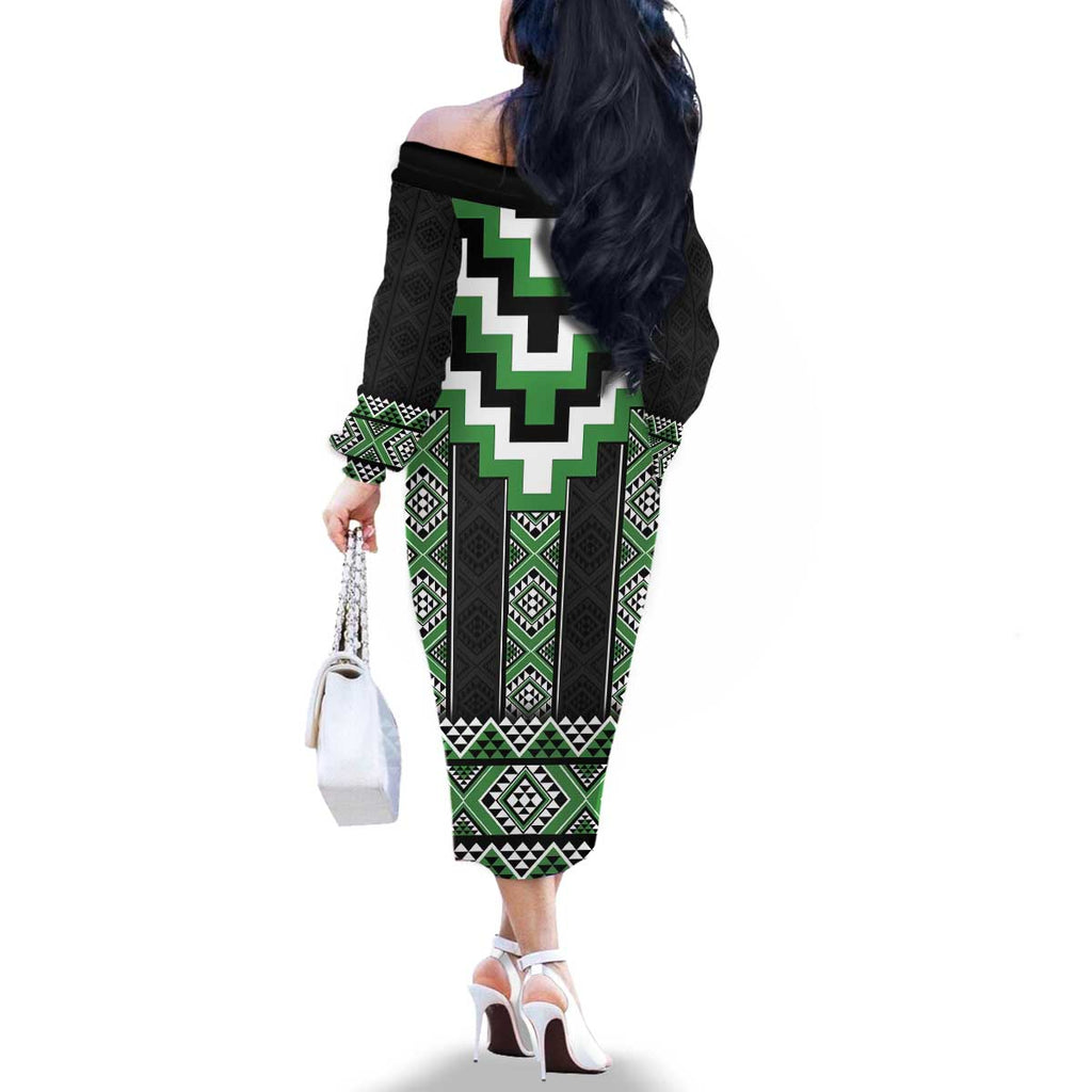 Green Taniko Pattern Aotearoa Family Matching Off The Shoulder Long Sleeve Dress and Hawaiian Shirt Niho Taniwha Mix Poutama LT14