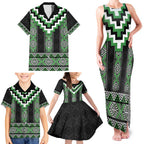 Green Taniko Pattern Aotearoa Family Matching Tank Maxi Dress and Hawaiian Shirt Niho Taniwha Mix Poutama LT14