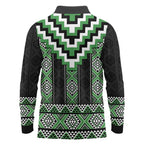 Green Taniko Pattern Aotearoa Long Sleeve Polo Shirt Niho Taniwha Mix Poutama LT14