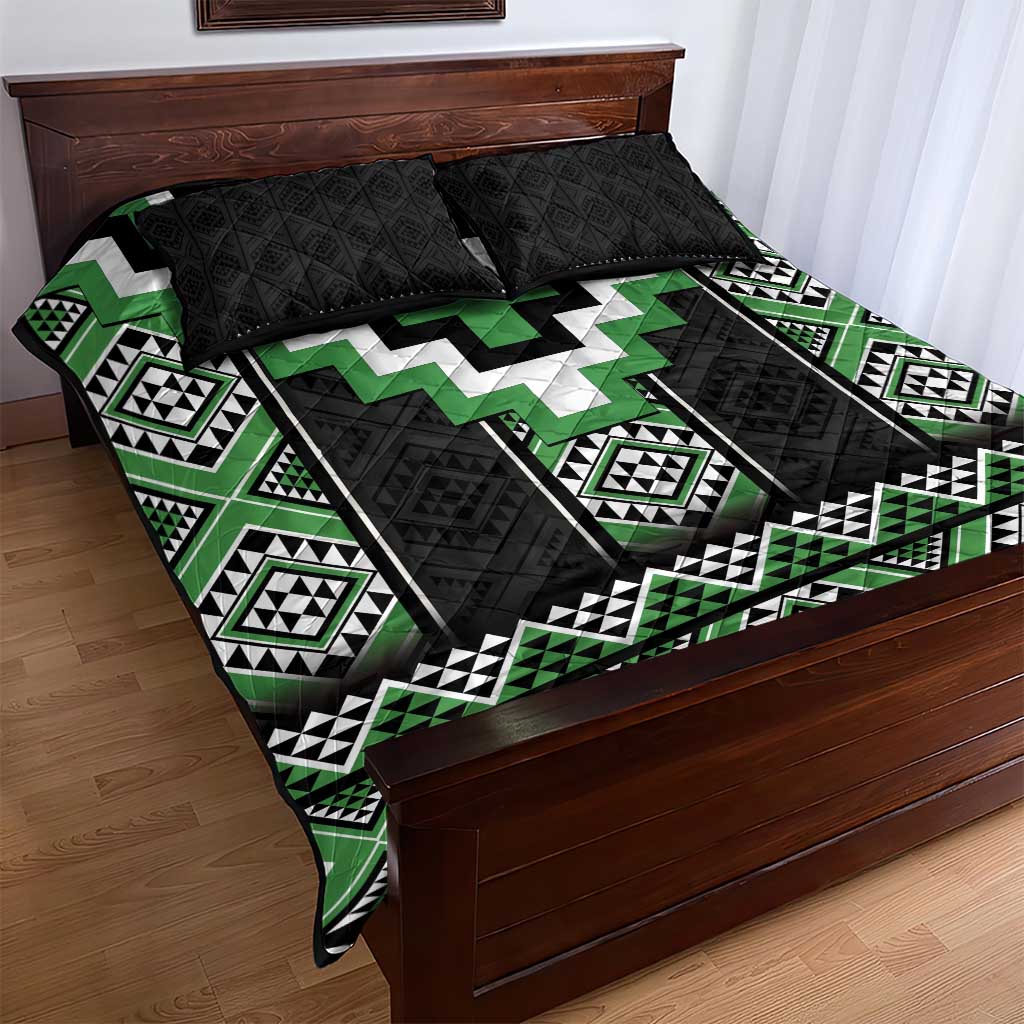 Green Taniko Pattern Aotearoa Quilt Bed Set Niho Taniwha Mix Poutama