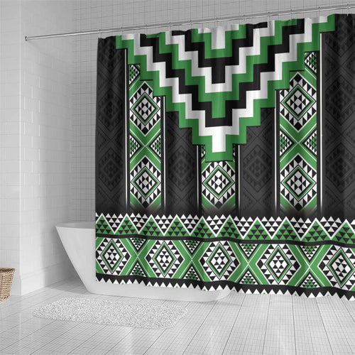 Green Taniko Pattern Aotearoa Shower Curtain Niho Taniwha Mix Poutama