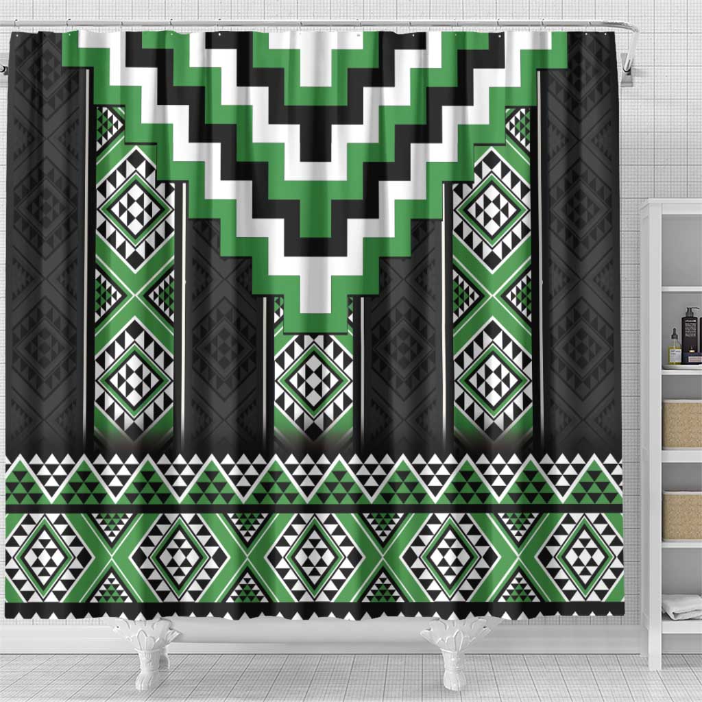 Green Taniko Pattern Aotearoa Shower Curtain Niho Taniwha Mix Poutama