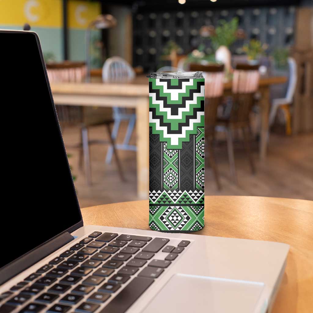 Green Taniko Pattern Aotearoa Skinny Tumbler Niho Taniwha Mix Poutama LT14