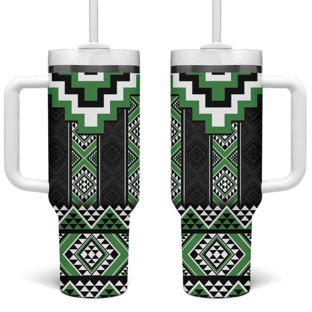 Green Taniko Pattern Aotearoa Tumbler With Handle Niho Taniwha Mix Poutama LT14