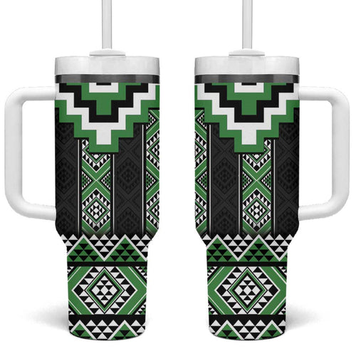 Green Taniko Pattern Aotearoa Tumbler With Handle Niho Taniwha Mix Poutama LT14