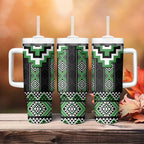 Green Taniko Pattern Aotearoa Tumbler With Handle Niho Taniwha Mix Poutama LT14