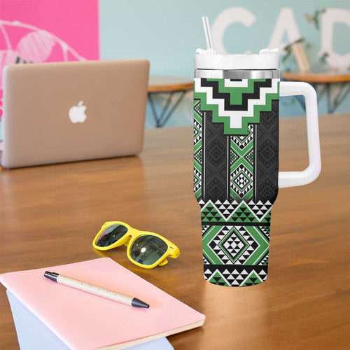 Green Taniko Pattern Aotearoa Tumbler With Handle Niho Taniwha Mix Poutama LT14
