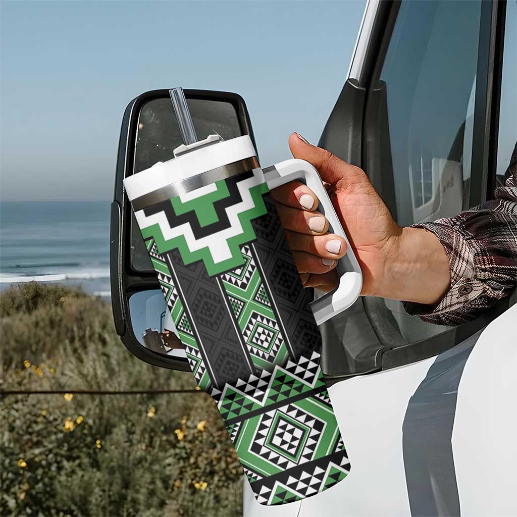 Green Taniko Pattern Aotearoa Tumbler With Handle Niho Taniwha Mix Poutama LT14