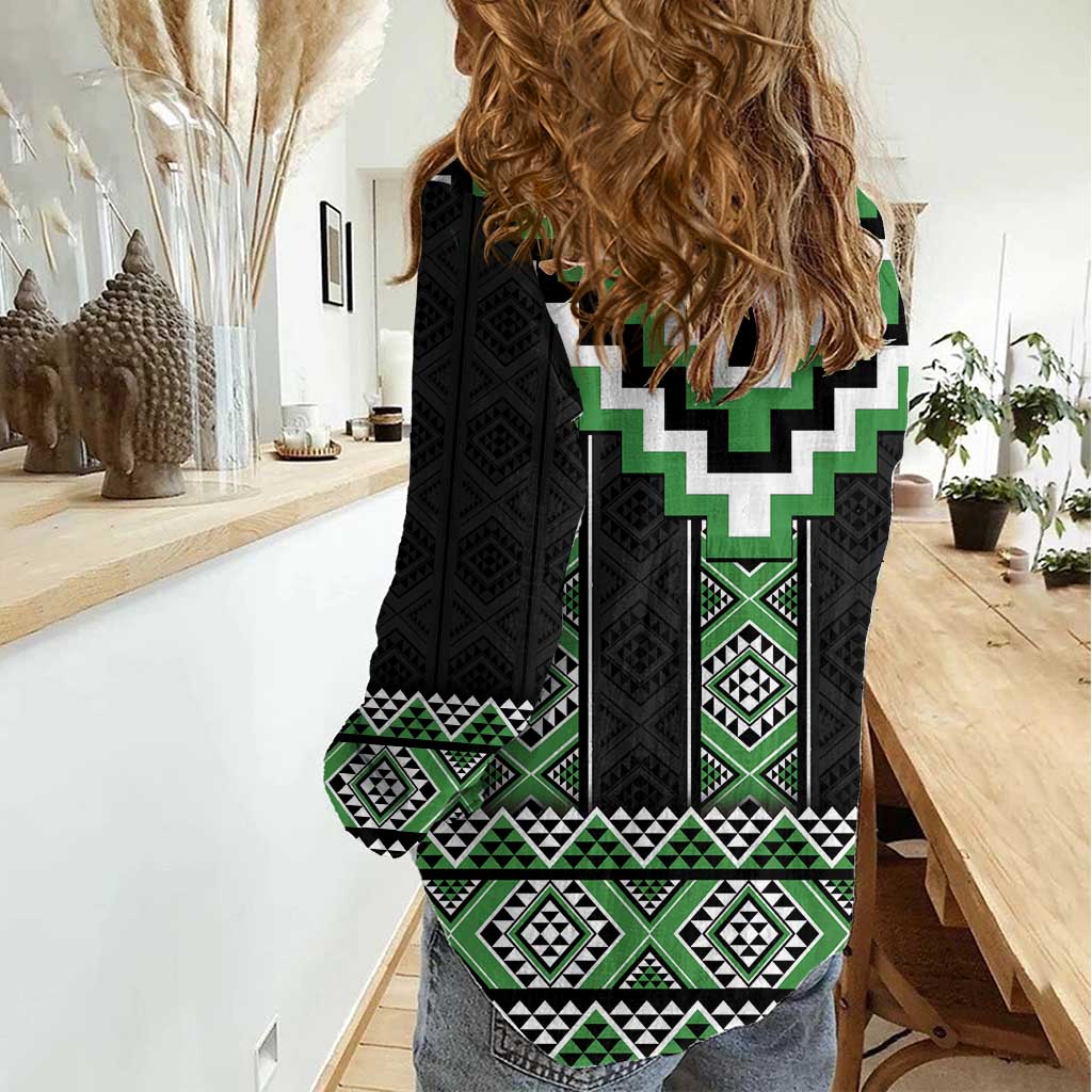 Green Taniko Pattern Aotearoa Women Casual Shirt Niho Taniwha Mix Poutama LT14