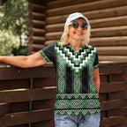 Green Taniko Pattern Aotearoa Women Polo Shirt Niho Taniwha Mix Poutama LT14