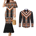 Orange Taniko Pattern Aotearoa Couples Matching Mermaid Dress and Long Sleeve Button Shirt Niho Taniwha Mix Poutama LT14