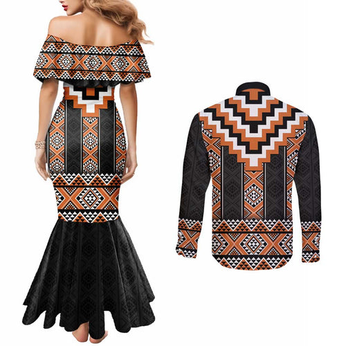 Orange Taniko Pattern Aotearoa Couples Matching Mermaid Dress and Long Sleeve Button Shirt Niho Taniwha Mix Poutama LT14