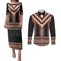 Orange Taniko Pattern Aotearoa Couples Matching Puletasi and Long Sleeve Button Shirt Niho Taniwha Mix Poutama LT14