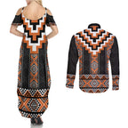 Orange Taniko Pattern Aotearoa Couples Matching Summer Maxi Dress and Long Sleeve Button Shirt Niho Taniwha Mix Poutama LT14