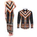 Orange Taniko Pattern Aotearoa Couples Matching Tank Maxi Dress and Long Sleeve Button Shirt Niho Taniwha Mix Poutama LT14