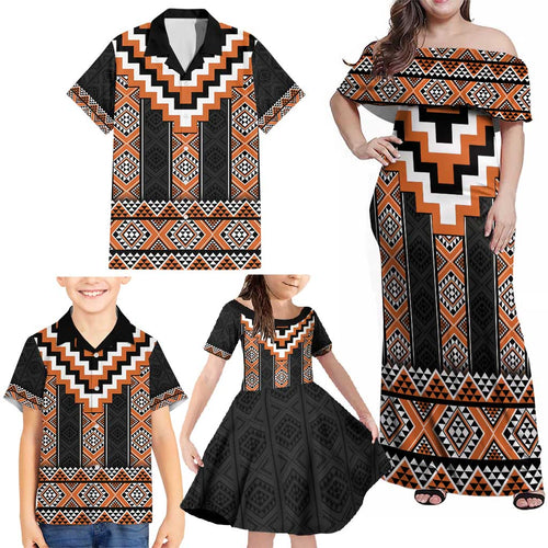 Orange Taniko Pattern Aotearoa Family Matching Off Shoulder Maxi Dress and Hawaiian Shirt Niho Taniwha Mix Poutama LT14