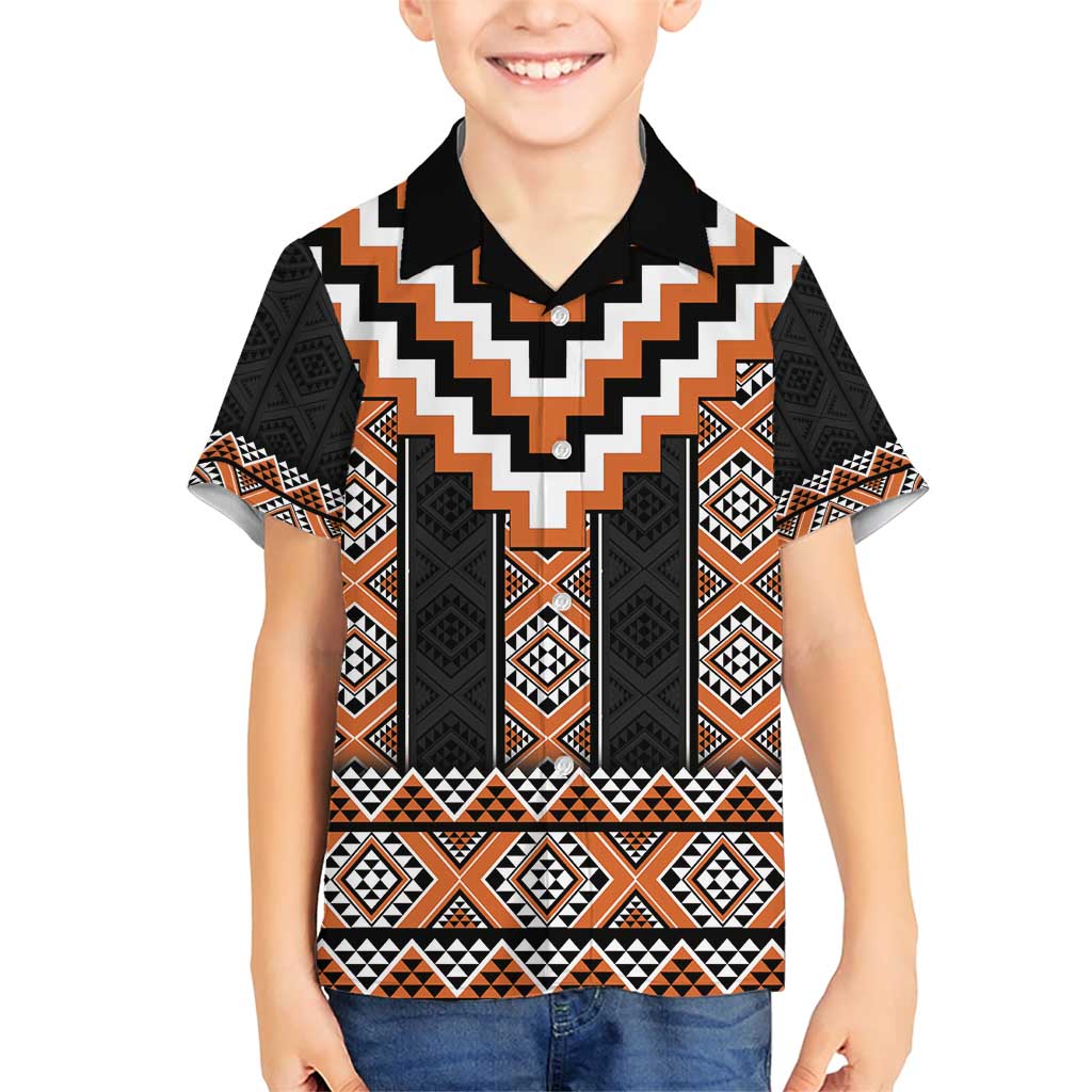 Orange Taniko Pattern Aotearoa Family Matching Short Sleeve Bodycon Dress and Hawaiian Shirt Niho Taniwha Mix Poutama LT14