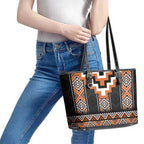 Orange Taniko Pattern Aotearoa Leather Tote Bag Niho Taniwha Mix Poutama