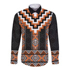 Orange Taniko Pattern Aotearoa Long Sleeve Button Shirt Niho Taniwha Mix Poutama LT14