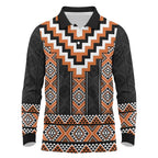 Orange Taniko Pattern Aotearoa Long Sleeve Polo Shirt Niho Taniwha Mix Poutama LT14