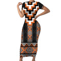 Orange Taniko Pattern Aotearoa Short Sleeve Bodycon Dress Niho Taniwha Mix Poutama LT14