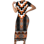 Orange Taniko Pattern Aotearoa Short Sleeve Bodycon Dress Niho Taniwha Mix Poutama LT14