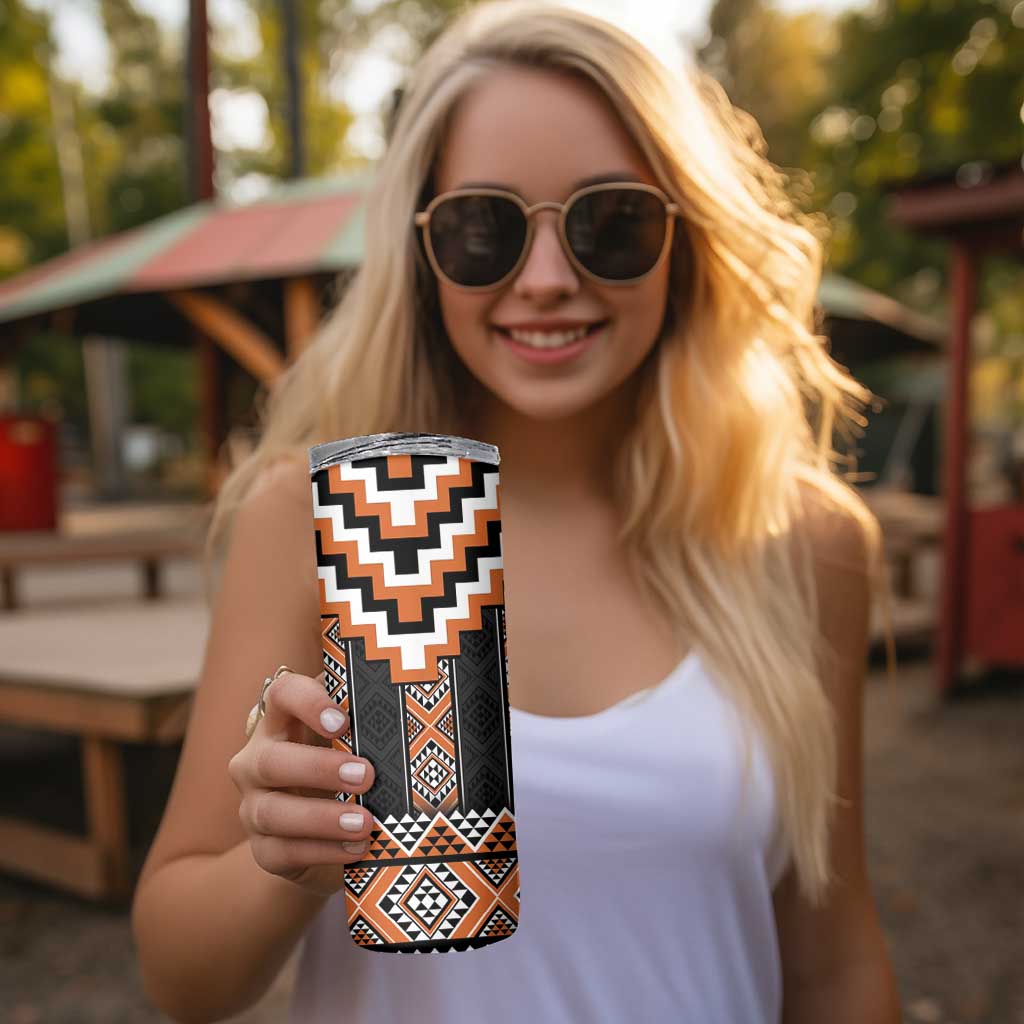Orange Taniko Pattern Aotearoa Skinny Tumbler Niho Taniwha Mix Poutama LT14