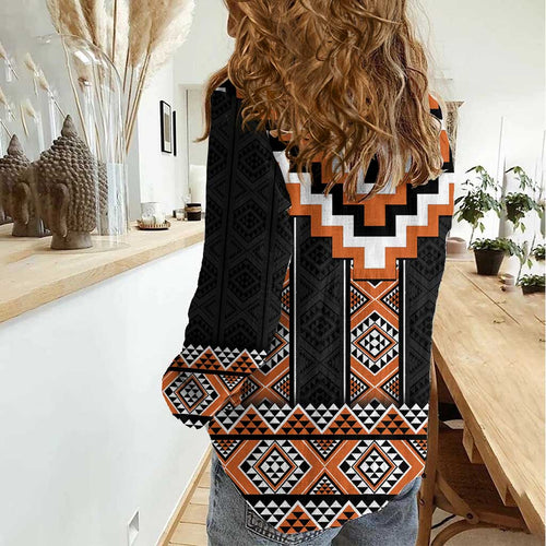 Orange Taniko Pattern Aotearoa Women Casual Shirt Niho Taniwha Mix Poutama LT14