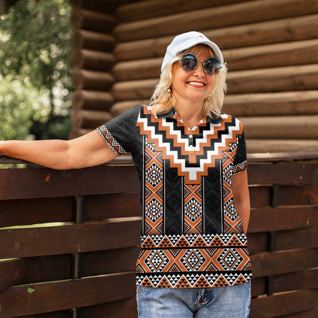 Orange Taniko Pattern Aotearoa Women Polo Shirt Niho Taniwha Mix Poutama LT14