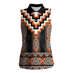 Orange Taniko Pattern Aotearoa Women Sleeveless Polo Shirt Niho Taniwha Mix Poutama LT14