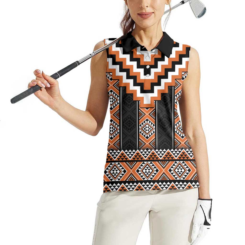 Orange Taniko Pattern Aotearoa Women Sleeveless Polo Shirt Niho Taniwha Mix Poutama LT14
